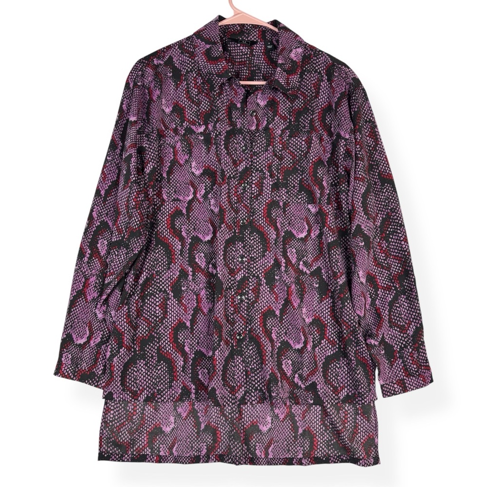 G by‎ Giuliana Button Down Blouse Womens M Medium Purple Red Black Snake Print